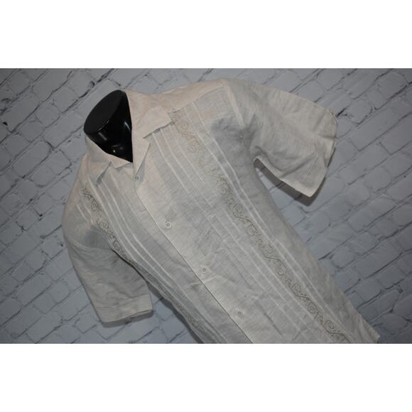 Cubavera Hawaiian Shirt Mens Size Small Tan Tropical Linen Rayon Blend - Picture 7 of 7